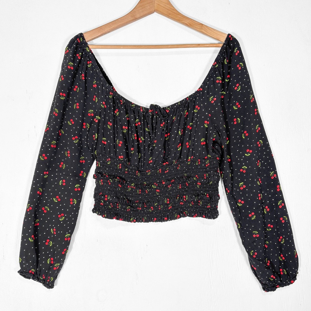 Planet Gold Black Cherry Polka Dot Smocked Crop Top Womens L Long Sleeve Retro